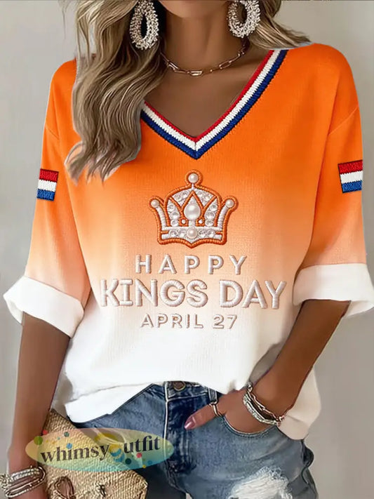 Dames koningsdag parel kroon gradiëntprint casual V-hals T-shirt - Oranje wit / S