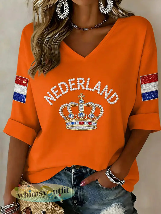 Dames koningsdag print met V-hals T-shirt - A / S