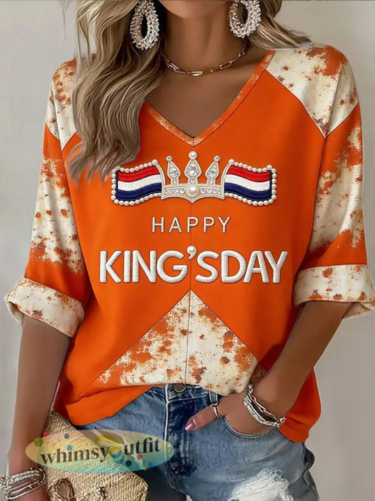 Dames Koningsdag retro patchworkprint casual T-shirt met V-hals - Sinaasappel / S