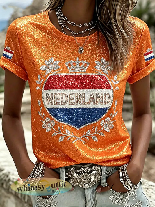 Dames Koningsdag-thema Sequin & Bloemenprint Gebreid Casual T-shirt - A / S