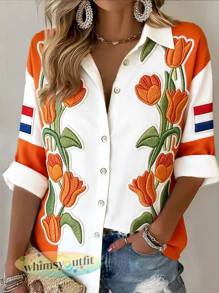 Dames koningsdag tulp patchwork print modieus casual shirt - Oranje wit / S
