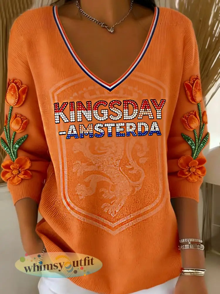 Dames Koningsdag V-hals ribtop - Sinaasappel / S