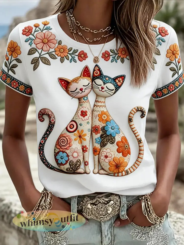 Dames leuke casual T-shirt met bloemen- en kattenprint - Wit / S
