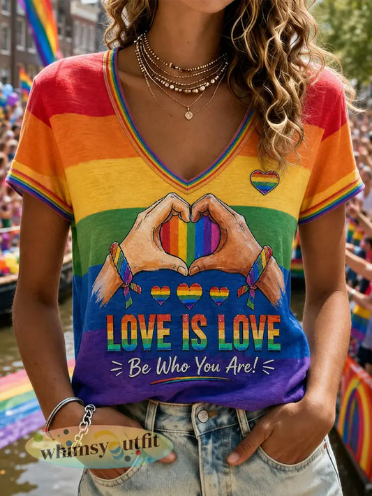 Dames-Lgbt-regenboogprint top met V-hals en korte mouwen - A / S