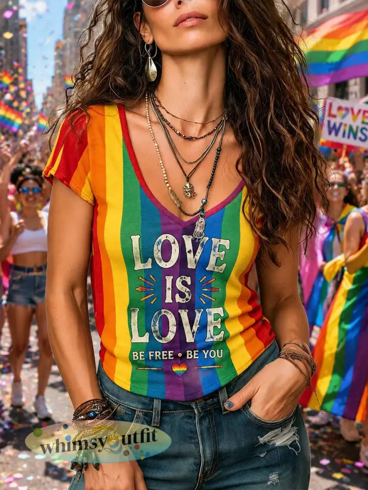 Dames-Lgbt-regenboogprint top met V-hals en korte mouwen - A / S