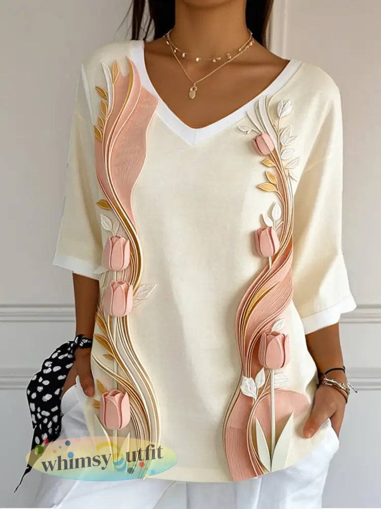 Dames Lichtgele Tulp 3D Print Moederdag Cadeau Casual V-hals T-shirt - Lichtgeel / S