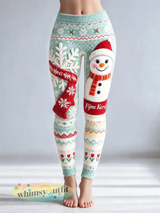 Dames Mint Groen Nederlandse Kerst Sneeuwman Print Casual Leggings - Groen / S