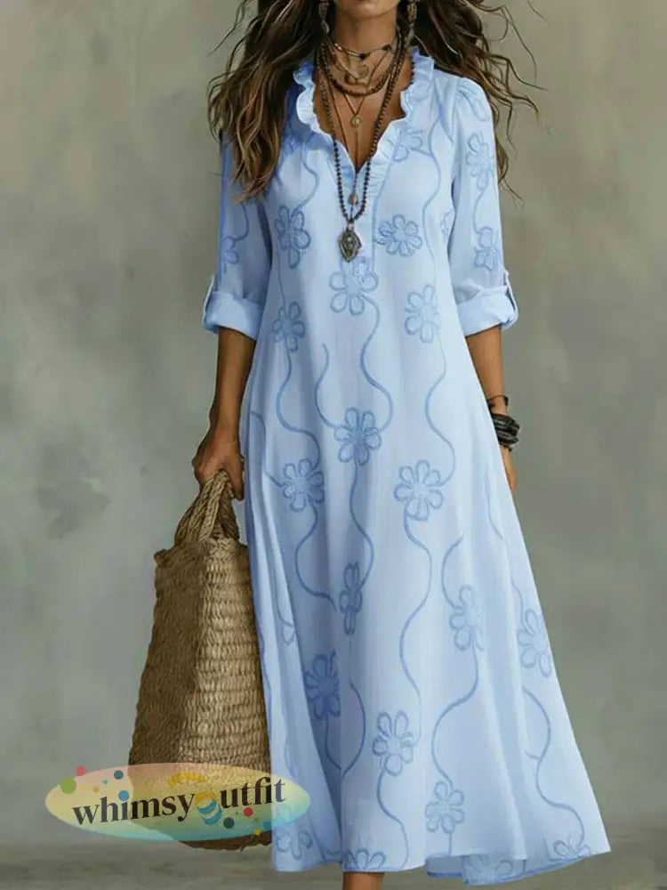 Dames mode bloemenprint casual losse jurk - Hemelsblauw / S