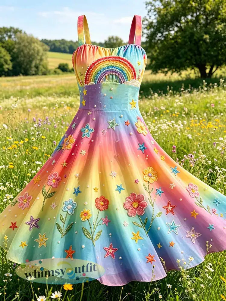 Dames mode regenboog kunst print casual jurk - als foto / S