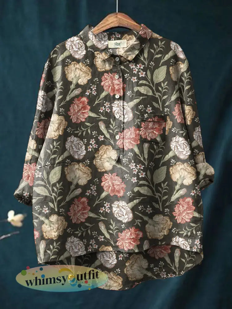 Dames Moederdag Bloemen Anjers Bedrukte Shirt - Zwart / S