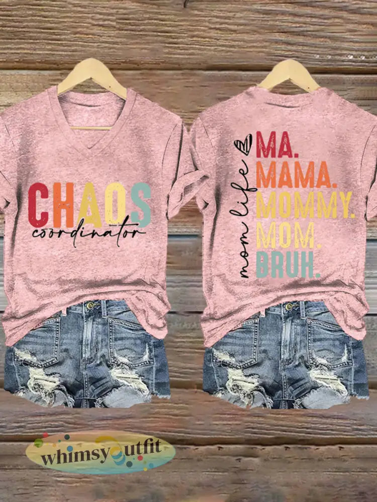 Dames Moederdag Chaos Coördinator Bruh Mom bedrukt T-shirt - Lichtroze / 2XL