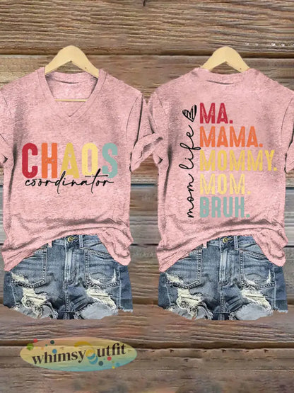 Dames Moederdag Chaos Coördinator Bruh Mom bedrukt T-shirt - Lichtroze / 2XL