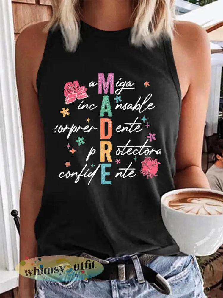 Dames Moederdag Retro Madre Bloemen Mama Katoenen Vest - Zwart / S