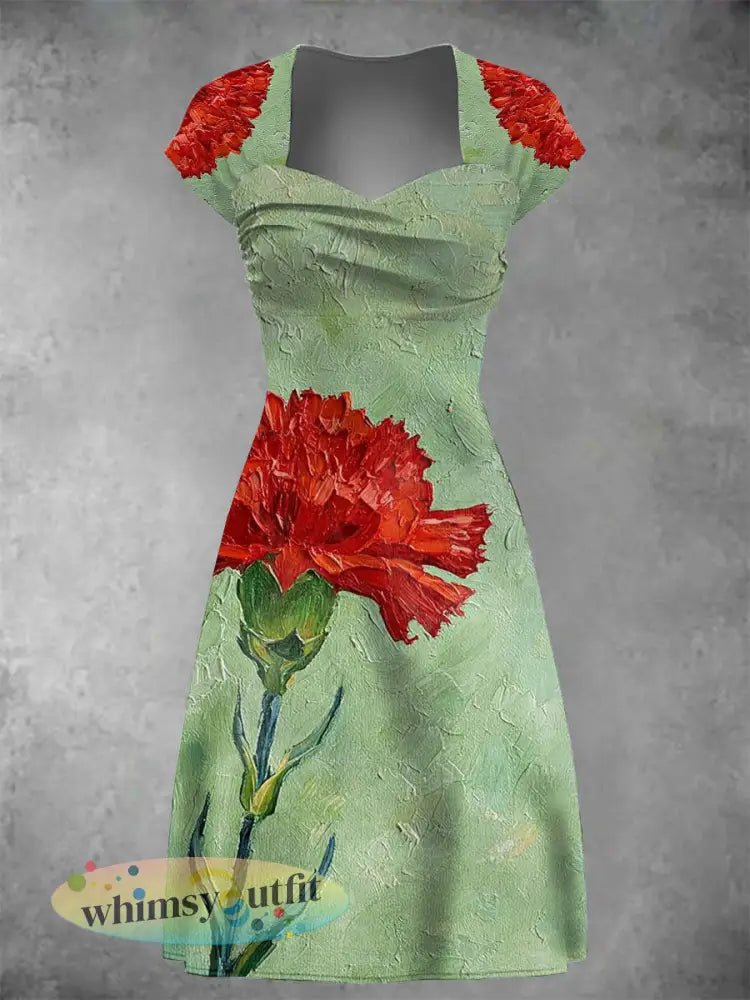 Dames Moederdag rode jurk met anjerprint - Groen / S
