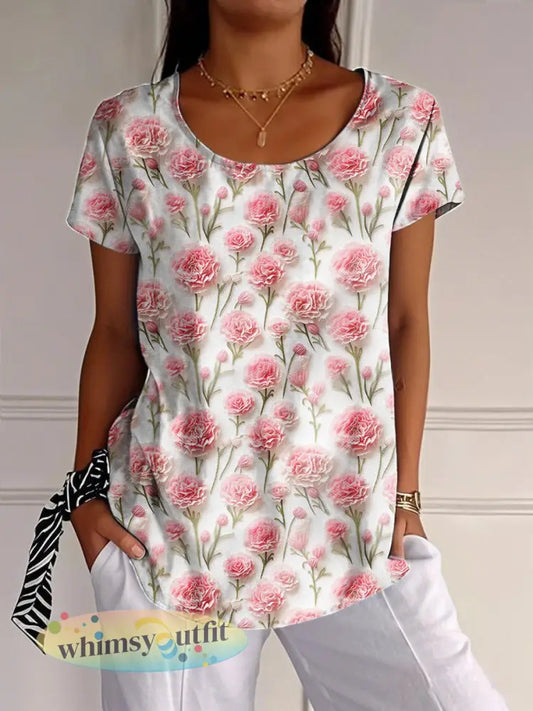 Dames Moederdag Roze Bloemen Carnation Gedrukt T-shirt - Roze / S