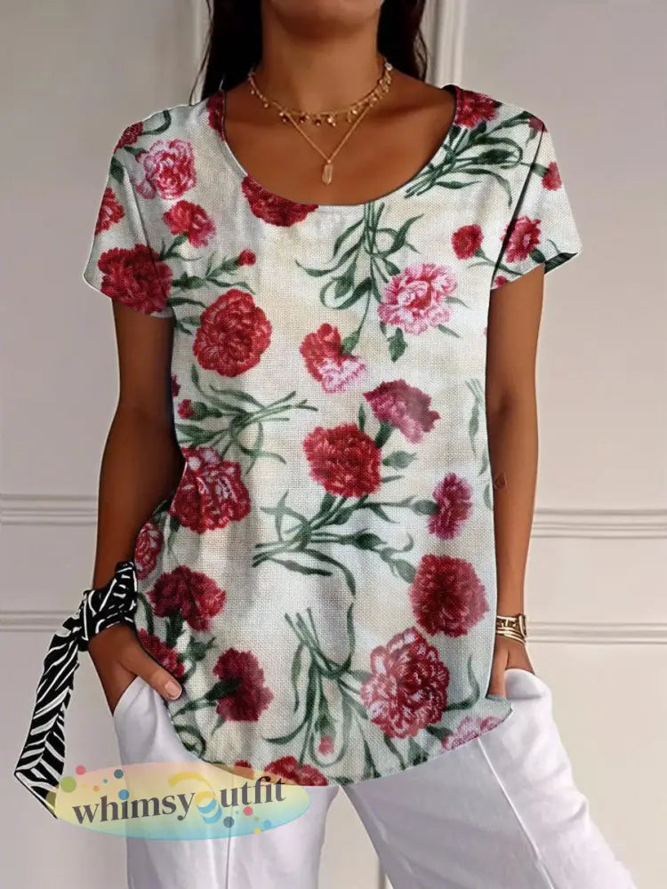 Dames Moederdag Roze Bloemen Carnation Gedrukt T-shirt - Wit / S
