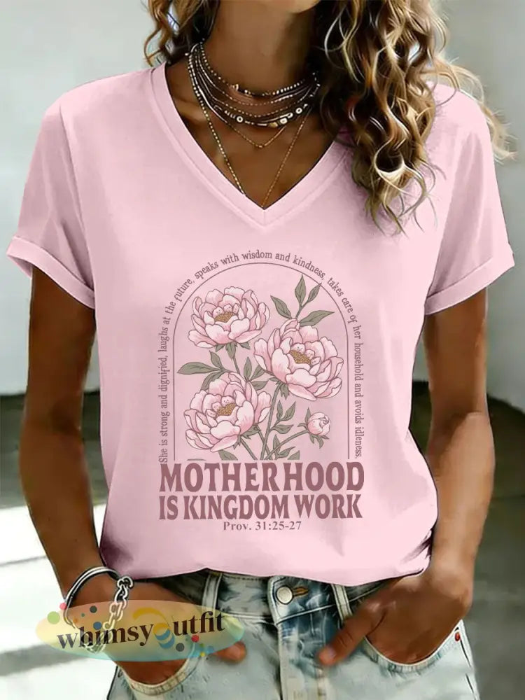Dames ’Moederschap is Koninkrijkswerk’ bedrukt casual t-shirt - Lichtroze / S