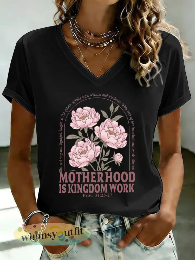 Dames ’Moederschap is Koninkrijkswerk’ bedrukt casual t-shirt - Zwart / S