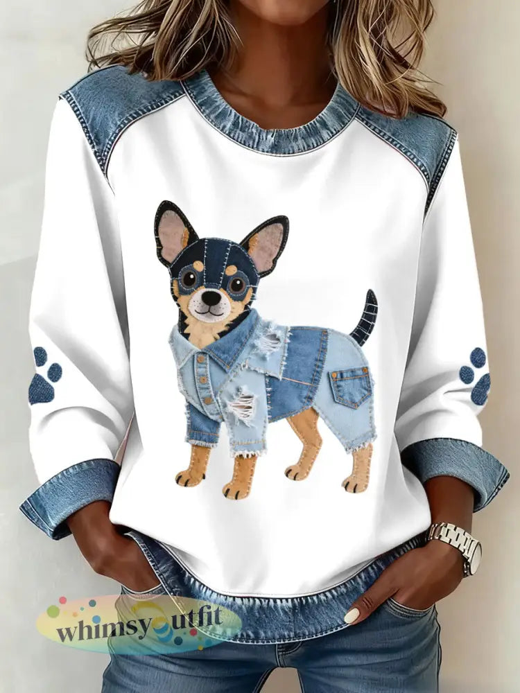 Dames mooie chihuahua hond patroon denim patchwork kunst sweatshirt - Wit / S