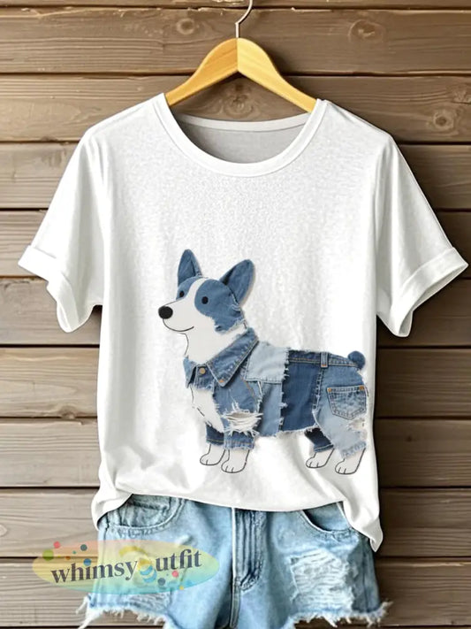 Dames mooie Corgi Patroon Patchwork Art T-shirt - Wit / S