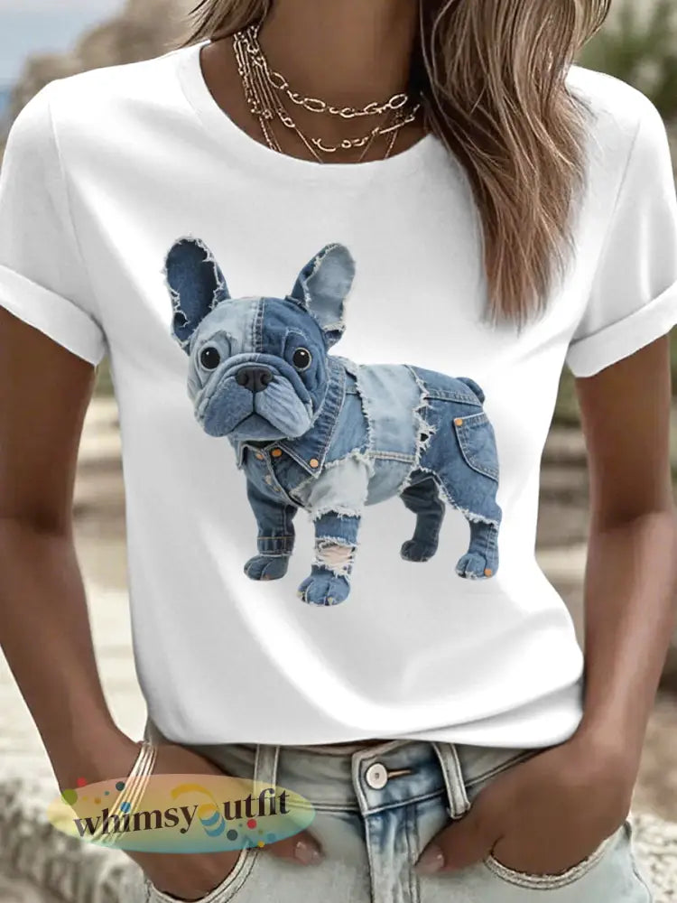 Dames mooie Franse Bulldog Patchwork Art T-shirt - Wit / S