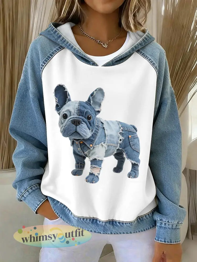 Dames mooie Franse Bulldog Patroon Denim Patchwork Hoodie - als foto / S