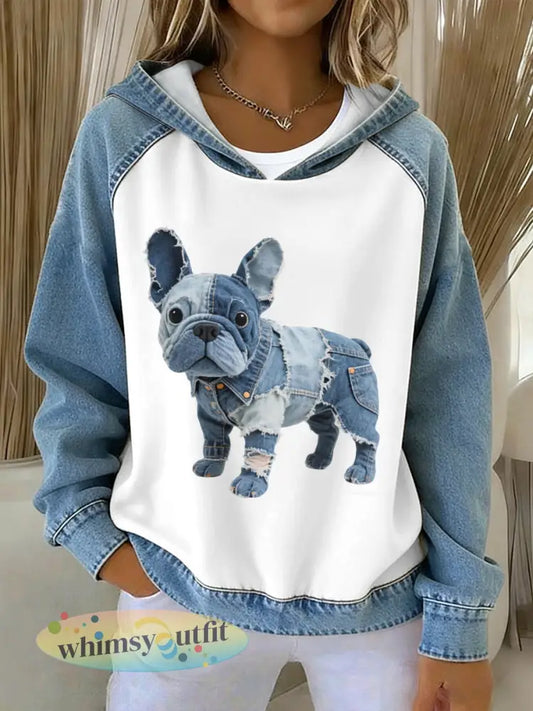 Dames mooie Franse Bulldog Patroon Denim Patchwork Hoodie - als foto / S