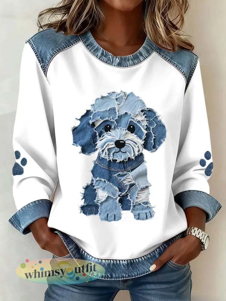 Dames mooie harige hond patroon denim patchwork kunst sweatshirt - Wit / S