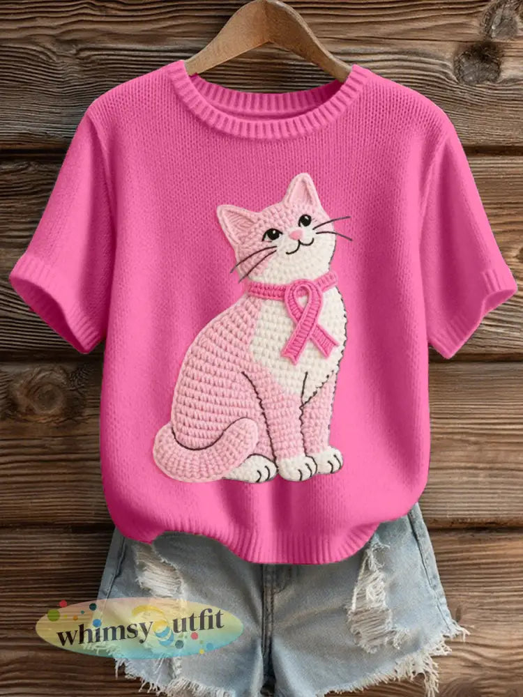 Dames mooie kat gehaakt patroon Gezellig gebreide top - Rose Rood / S