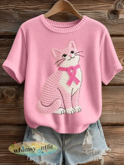 Dames mooie kat gehaakt patroon Gezellig gebreide top - Roze / S