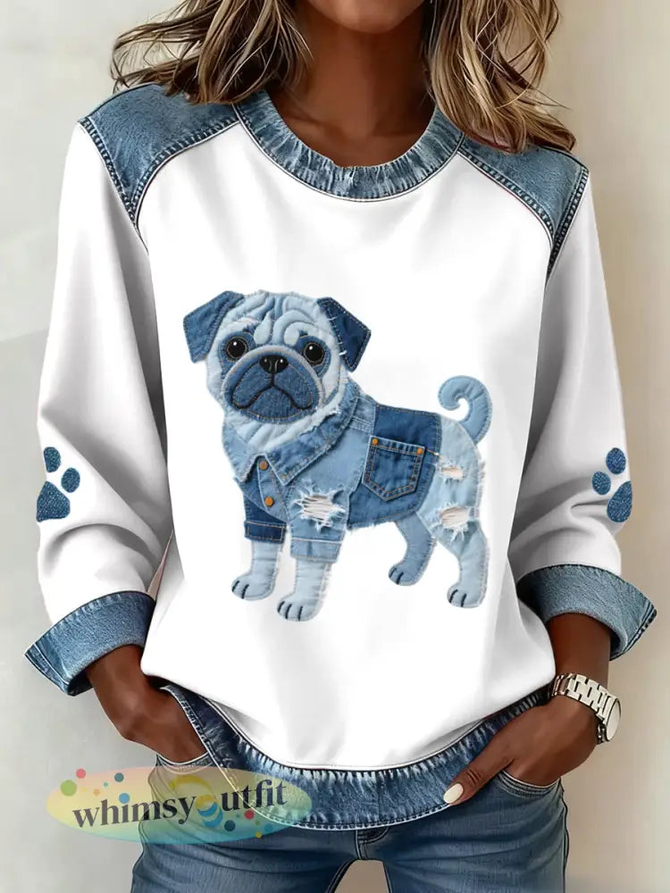 Dames mooie mopshond patroon denim patchwork kunst sweatshirt - Wit / S