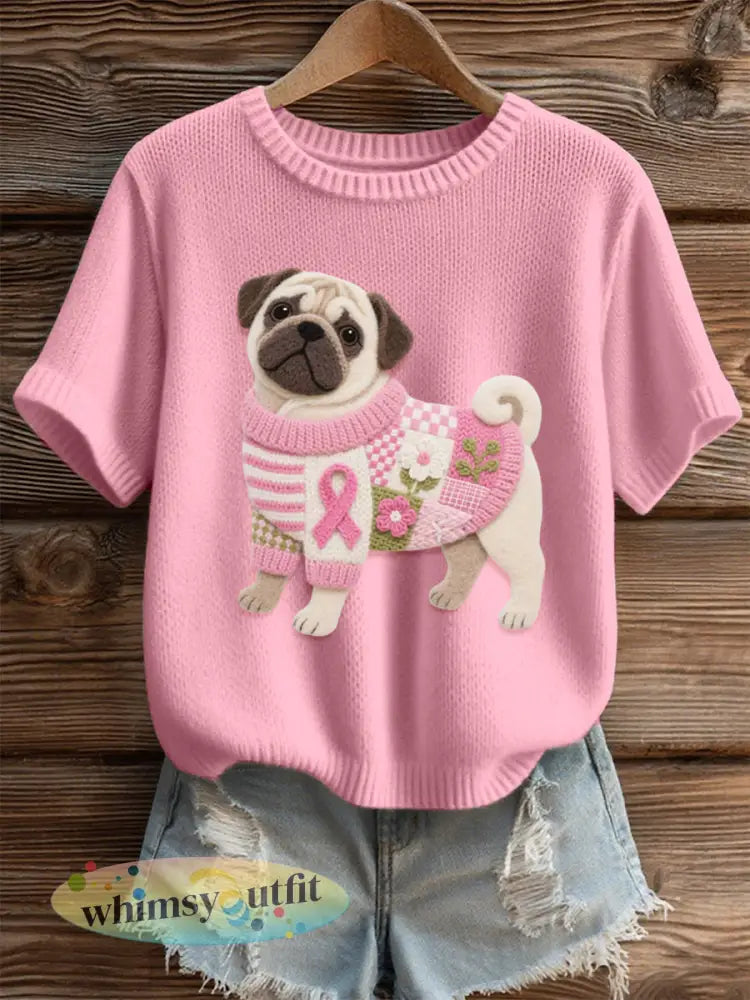 Dames mooie mopshond vilt kunst Gezellig gebreide top - Roze / S