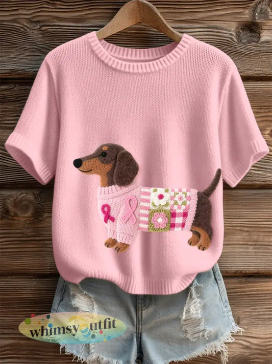 Dames mooie teckel patroon vilt kunst Gezellig gebreide top - Roze / S