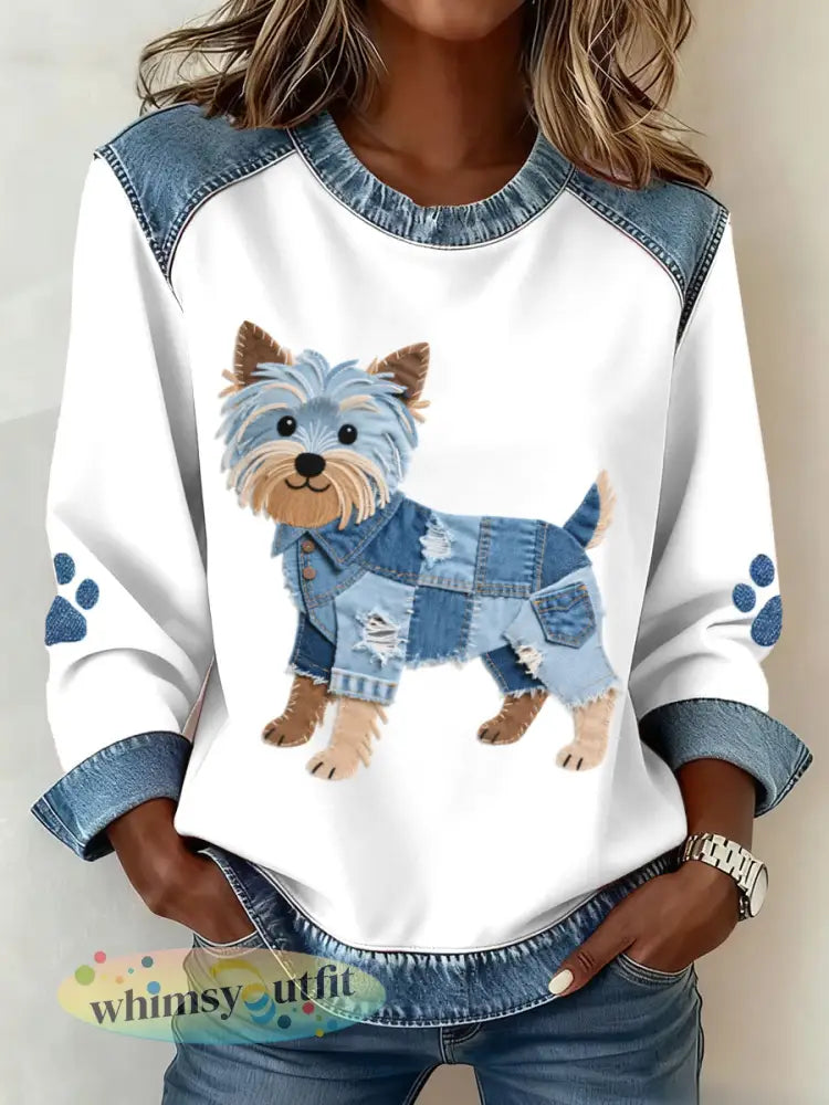 Dames mooie Yorkshire Terrier hond patroon denim patchwork sweatshirt - Wit / S