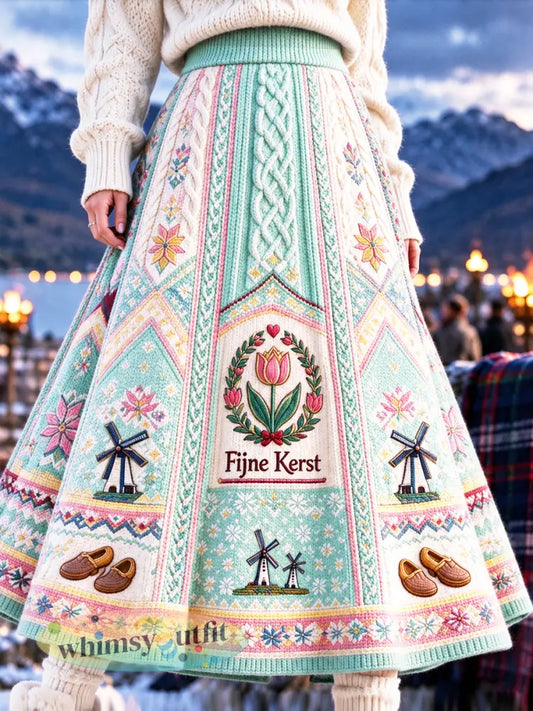 Dames muntgroen Nederlandse kerst patchwork print casual herfstwinterrok - Groen / S