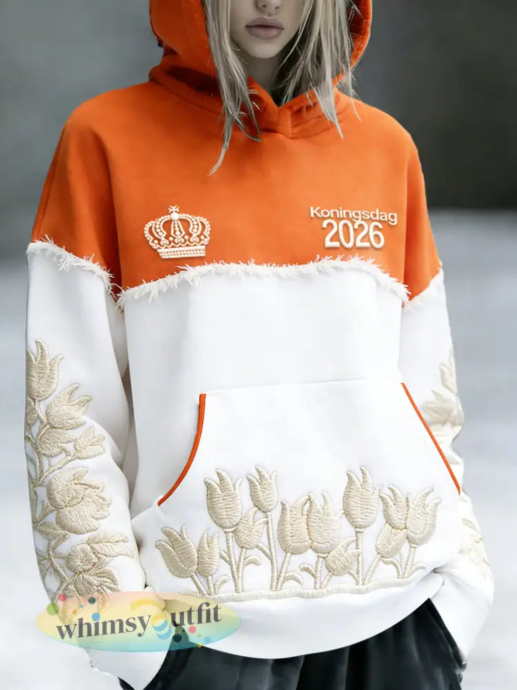 Dames Nederland 2026 Koningsdag patchwork print casual sweatshirt met capuchon - Oranje wit / S