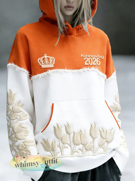 Dames Nederland 2026 Koningsdag patchwork print casual sweatshirt met capuchon - Oranje wit / S