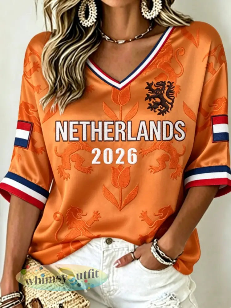 Dames NEDERLAND 2026 voetbal t-shirt met middellange mouwen en V-hals - Sinaasappel / S