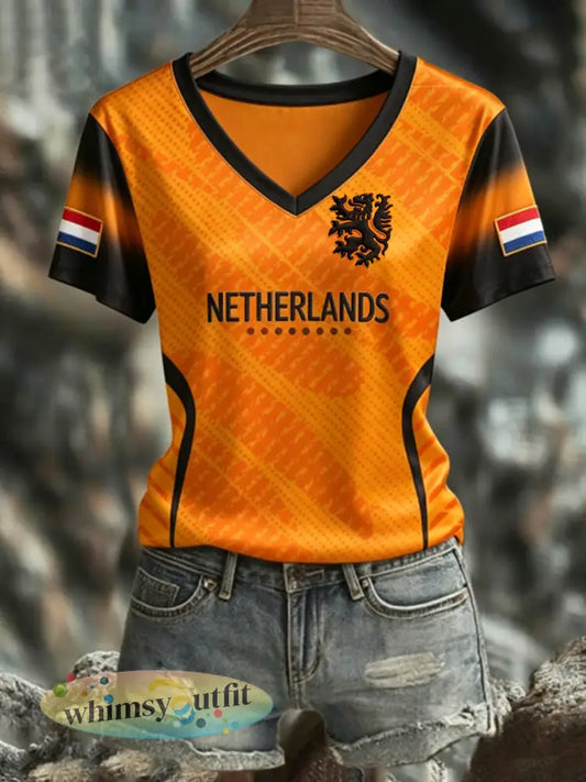 Dames NEDERLAND 2026 voetbal T-shirt met V-hals en korte mouwen van zijde - Sinaasappel / S