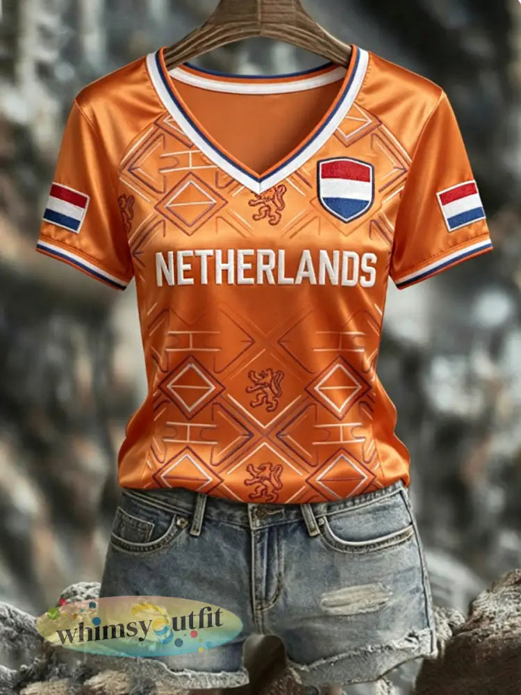 Dames NEDERLAND 2026 voetbal T-shirt met V-hals en korte mouwen van zijde - Sinaasappel / S