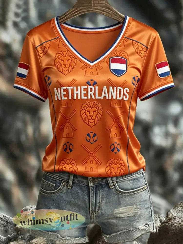 Dames NEDERLAND 2026 voetbal T-shirt met V-hals en korte mouwen van zijde - Sinaasappel / S