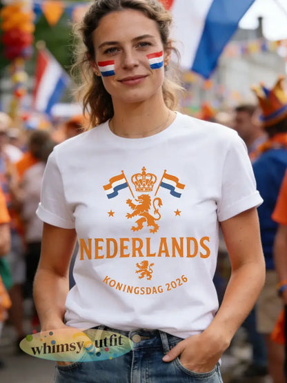 Dames Nederland Koningsdag print casual T-shirt - Wit / S