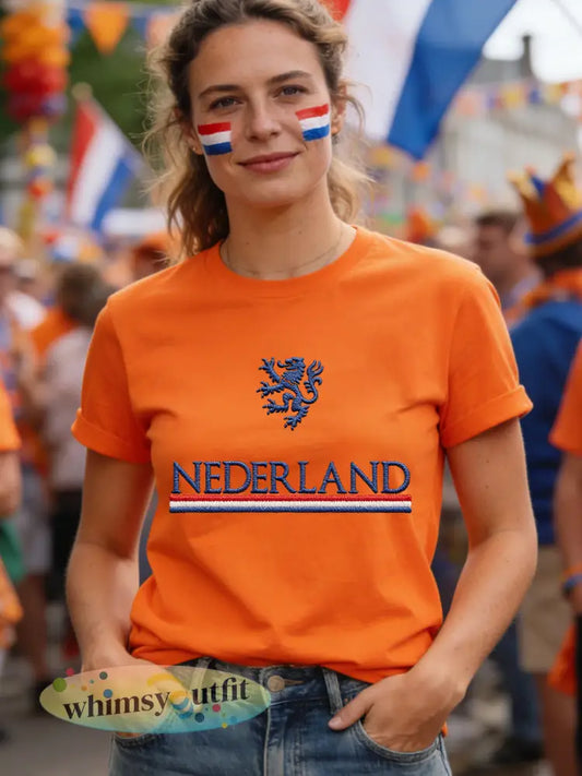 Dames Nederland-print casual T-shirt - Oranje / S