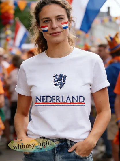 Dames Nederland-print casual T-shirt - Wit / S