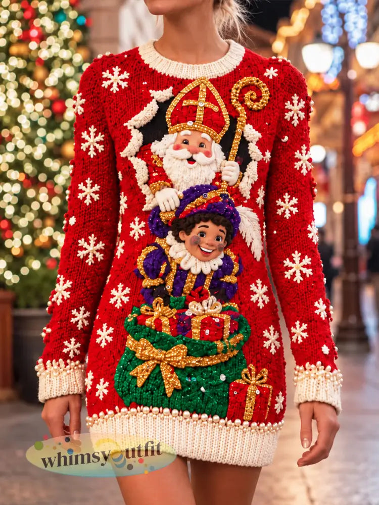 Dames Nederland sinterklaas dag print casual gebreide jurk - Rood / S