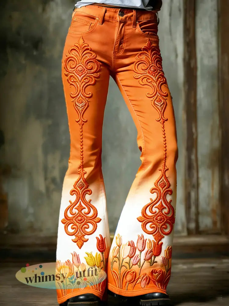 Dames Nederland Vintage Bloemenprint Modieuze Uitlopende broeken - Oranje wit / S