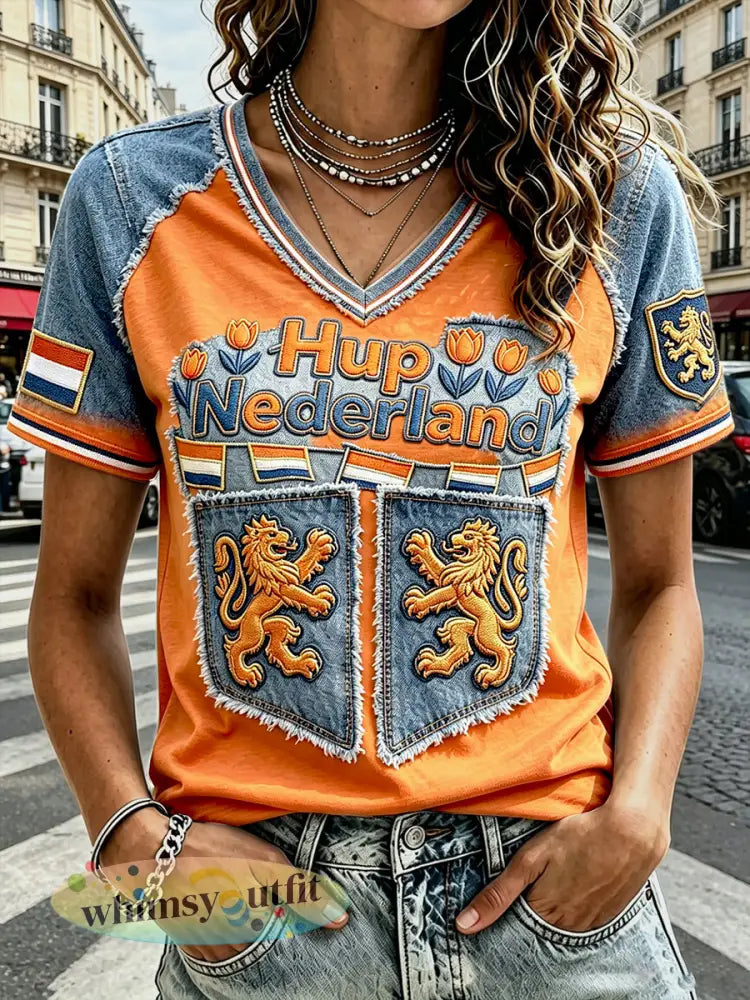 Dames Nederlands denim t-shirt met patchworkprint en V-hals casual - Sinaasappel / S