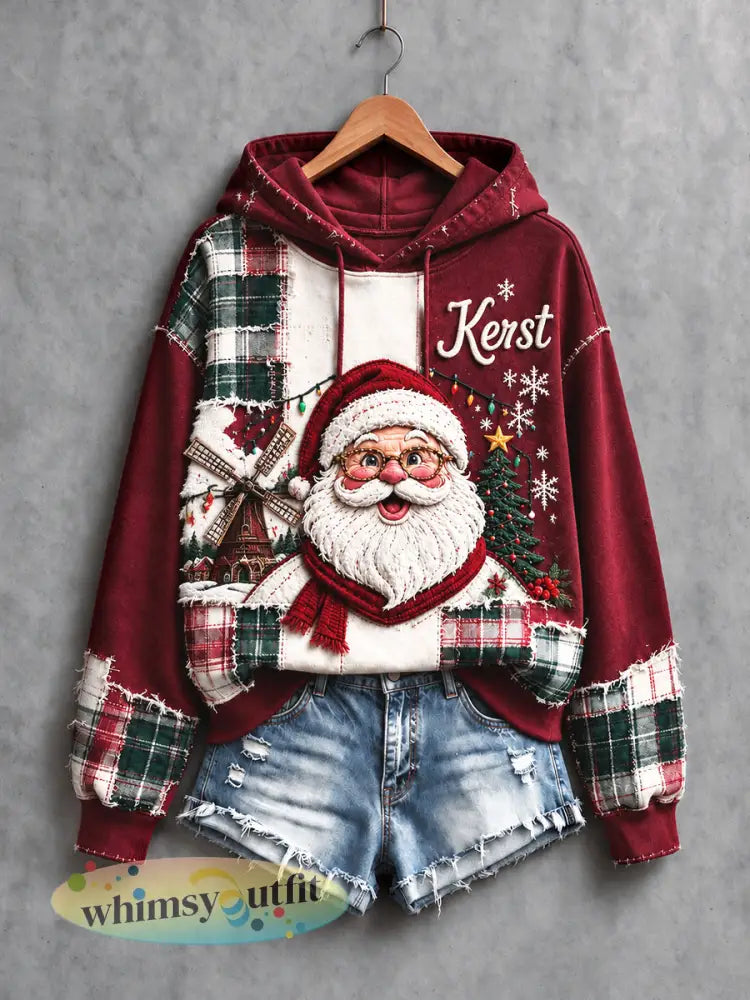 Dames Nederlands kerst patchworkprint casual sweatshirt met capuchon - Veelkleurig / S