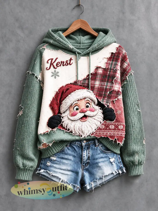 Dames Nederlands kerstpatroon patchworkprint casual sweatshirt met capuchon - Veelkleurig / S