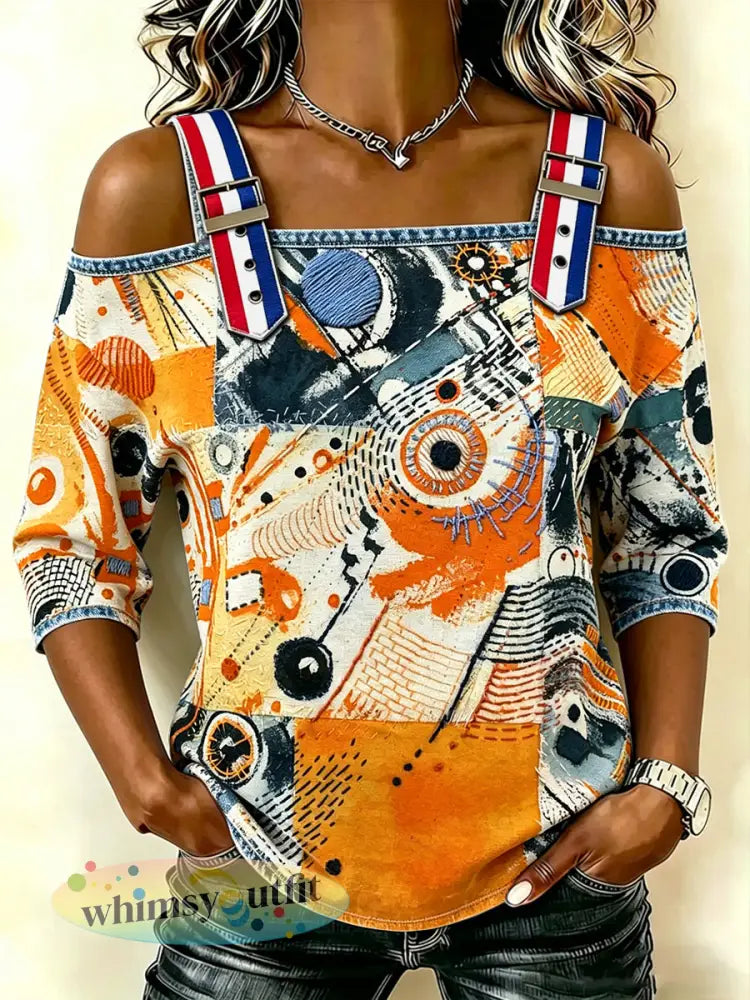 Dames Nederlands Muziekfestival Patchworkprint Modieus T-shirt met Spaghettibandjes - Sinaasappel / S